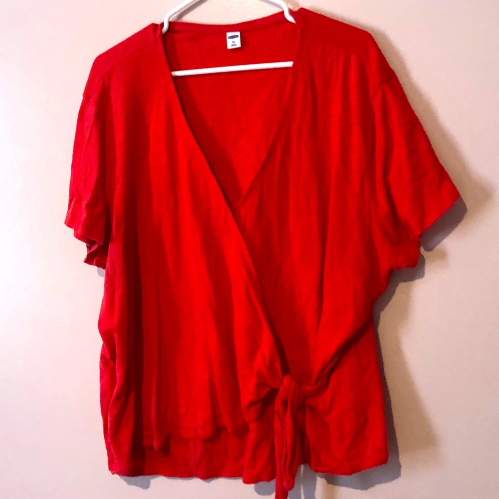 Red wrap front linen blend top